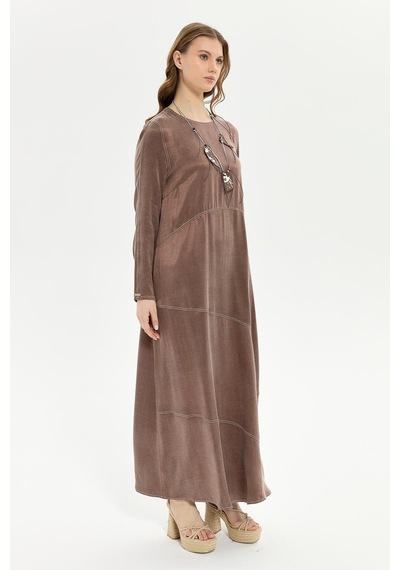 Müsemma Uzun Kol Maxi Elbise - Minimalist, Günlük, Doğal Kumaş Kahve