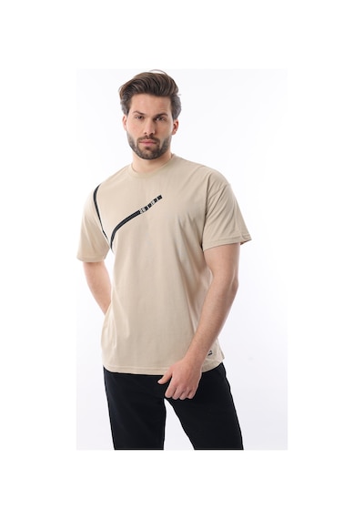 Madmext Bej Bisiklet Yaka Şerit Detaylı Pamuklu Erkek T-shirt E7033 Bej