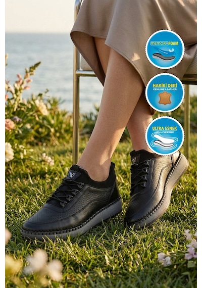 Voyager Siyah Hakiki Deri Delikli Nefes Alan Anatomik Lastik Bağcıklı Kadın Casual Ayakkabı Z092 Z