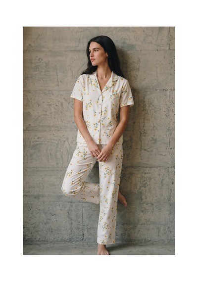 Fit Women V Yaka Düğmeli Casual Çok Renkli Pijama Takımı