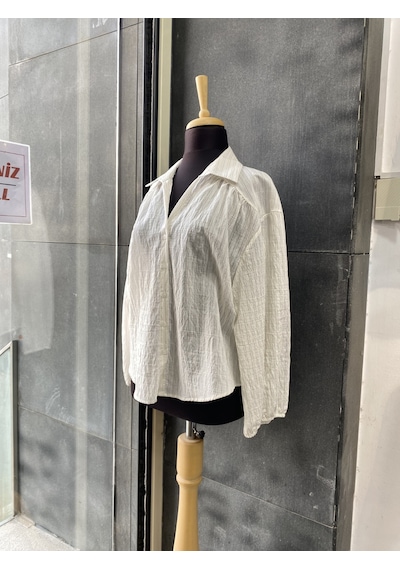 Pera Moda Çizgili Transparan Pileli V Yaka Gömlek Kahve