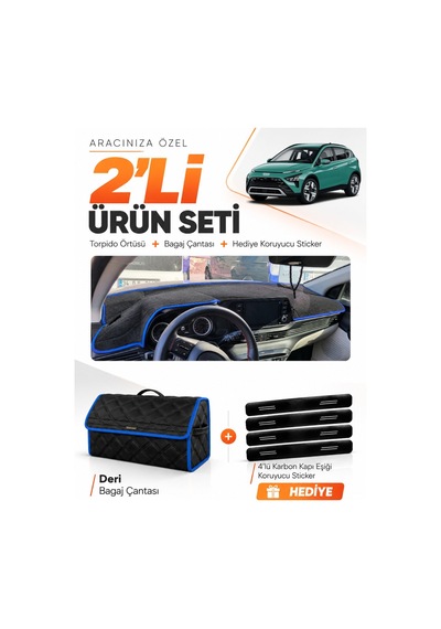 E-biz Hyundai Bayon 2021-2026 Uyumlu Torpido Örtüsü + Deri Bagaj Çantası Seti - Siyah-mavi - Hu012