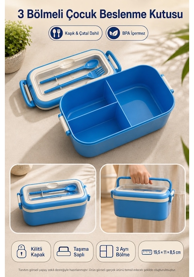 Mavi 3 Bölmeli Çocuk Beslenme Kutusu Kaşık Çatal Dahil Kilitli Kapaklı Taşıma Saplı Lunch Box