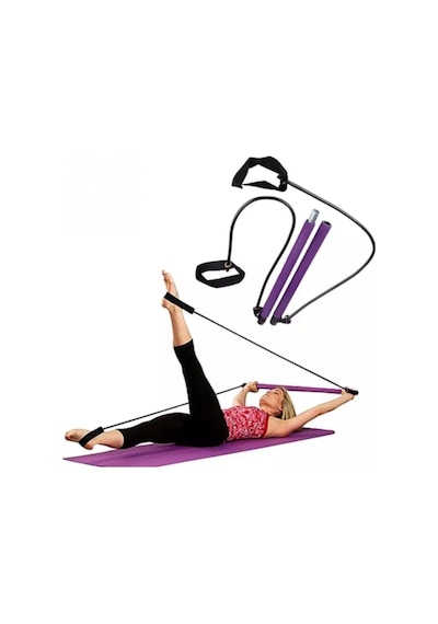 Leyaton Portable Pilates Studio Jimnastik Çubuğu, 90 Cm, 2 Direnç Lastiği, Mor Çok Renkli