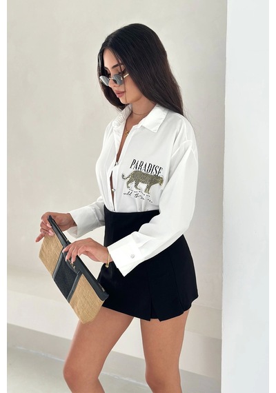 Asprin Fashion Dril Kumaş Paradise Baskılı Taşlı Gömlek Gold Beyaz