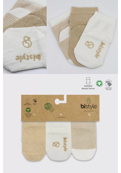 Melonika Puanlı Kaymaz Penye Soket Çorap 3'lü Bej Çok Renkli
