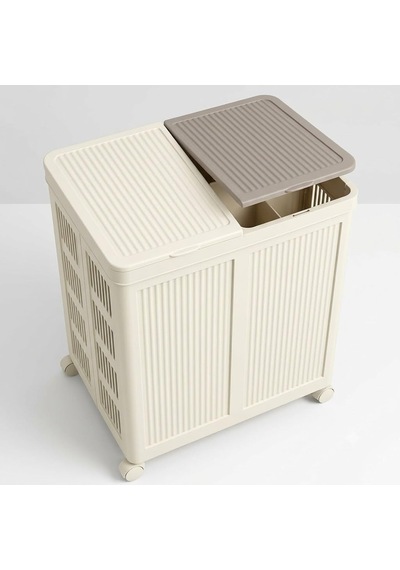 Mega Boy Havalandırmalı Çamaşır Sepeti - 100 Litre Oyuncak Kutusu - Tekerlekli - Çift Bölmeli 2x50 Lt - 49.5x36x61 Cm - Pp+ Tpr Bej