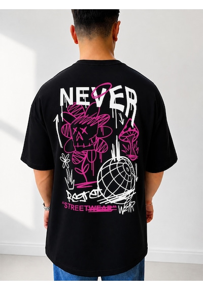 525 Oversize Sırt Baskılı Streetwear Unisex T-shirt Never Siyah