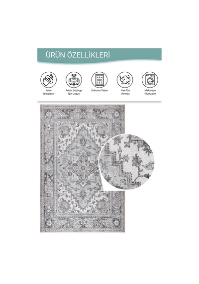 Artloop Stonart Eskitme Vintage Desenli Gri Otantik Yıkanabilir Şönil Halı Al 455 Gri 9