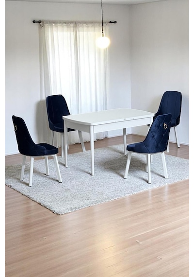 Monera Beyaz 80 x 132 Açılabilen MDF Masa Metal Ayaklı Mutfak Masası Takımı 4 Lacivert Sandalye Monera Beyaz 80 x 132 Açılabilen MDF Masa Metal Ayaklı Mutfak Masası Takımı 4 Lacivert Sandalye