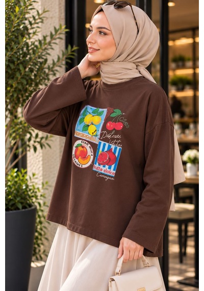 Esra Butik78 Kadın Premium Dokulu Baskılı Oversize Sweatshirt Rahat Ve Modern Stil Beyaz
