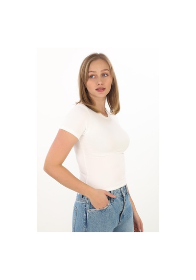 Crop Slim Fit Pamuk Likra Tişört-ekru Ekru