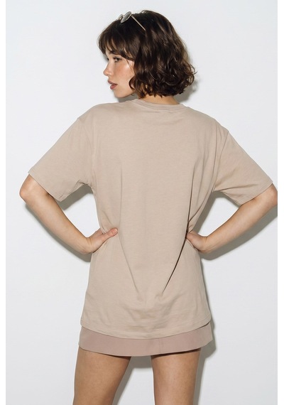 Kadın V Yaka For Love Nakış Ve Boncuk İşlemeli Oversize T-shirt 2240 60286329 - Bej