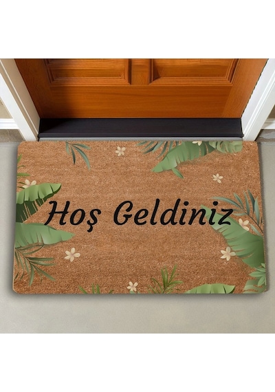 Valerine Life Tropikal Yaprağı Ve Beyaz Hatmi Çiçeği Hoş Geldiniz Kapı Önü Paspası 45 x 70 CM
