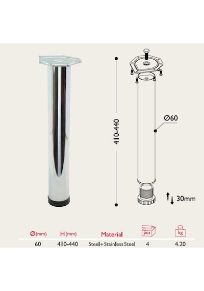 Gürçayhırdavat Sehpa Ayağı 13.181 - 60Mm Krom 51Cm (4 Adet)