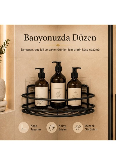 Lexroo Yapışkanlı Siyah Köşe Banyo Rafı, Tekli Köşe Şampuanlık