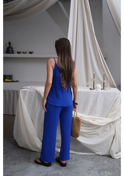 Paw Garage Kadın Shay Saks Ayrobin Ip Askılı Bluz Bol Paça Pantolon Takım, Yaz Yeni Sezon Mavi Paw Garage Kadın Shay Saks Ayrobin Ip Askılı Bluz Bol Paça Pantolon Takım, Yaz Yeni Sezon Mavi