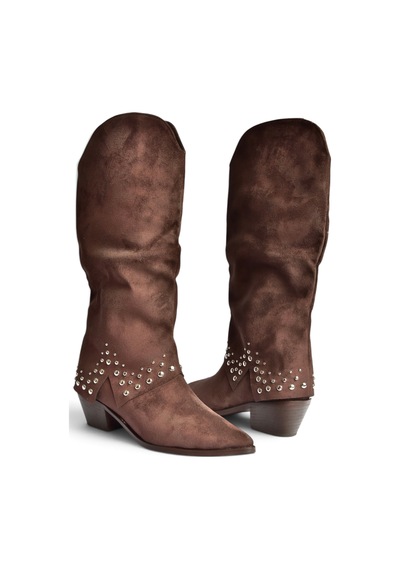 Fox Shoes Z726106802 Kahverengi Süet Kalın Topuklu Pim Detaylı Kadın Çizme