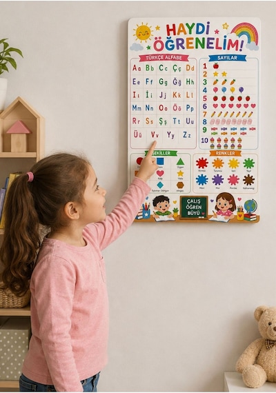 4'lü Okula Hazırlık Eğitici Çocuk Tablo Seti, Alfabe, Sayılar, Saat, Vücudumuz Ve Temel Kavramlar Montessori Öğrenme Panosu