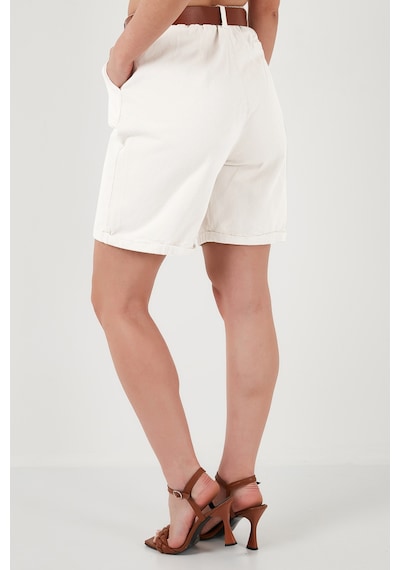 Lela Pamuklu Relaxed Fit Yüksel Bel Kemerli Gabardin Short Bayan Şort 668Yp4710 Beyaz