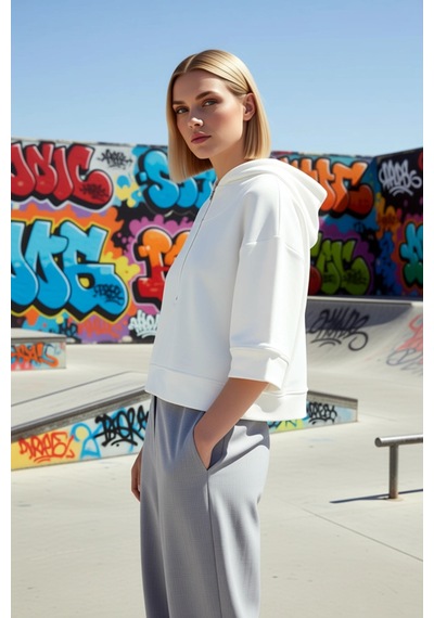 Benerly Kadın Kapüşonlu Truvakar Kol Fermuar Detaylı Oversize Sweatshirt Ekru