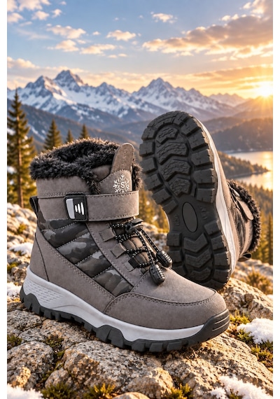 Muggo Peak İçi Kürklü Cırtlı Ve Bağcıklı Unisex Çocuk Kar Botu Gri
