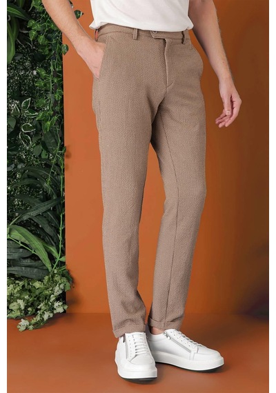 Efor Comfort Fit Beli Lastikli Pötikareli Casual Bej Pantolon P 1149 Bej