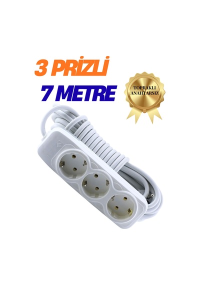 Klc 3'lü Grup Priz 7 Metre Topraklı Çocuk Korumalı Uzatma Kablosu Seyyar Kablo 3lü Priz 3lü 7m Beyaz 6 - 8 M