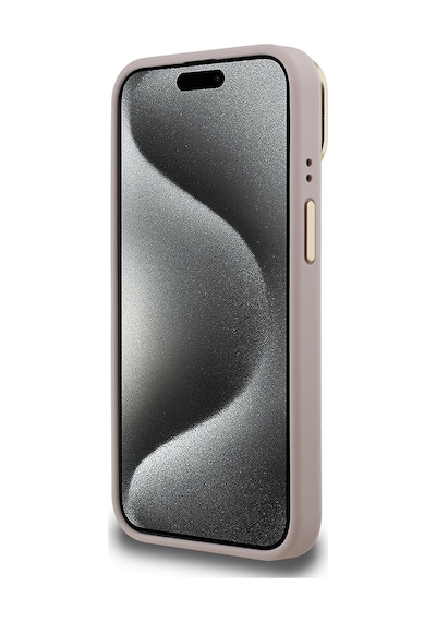 Apple iPhone 15 Uyumlu Kılıf Guess Lisanslı Pu Deri Taşlı Üçgen Logo 4g Desenli Kamera Standlı Kapak Pembe
