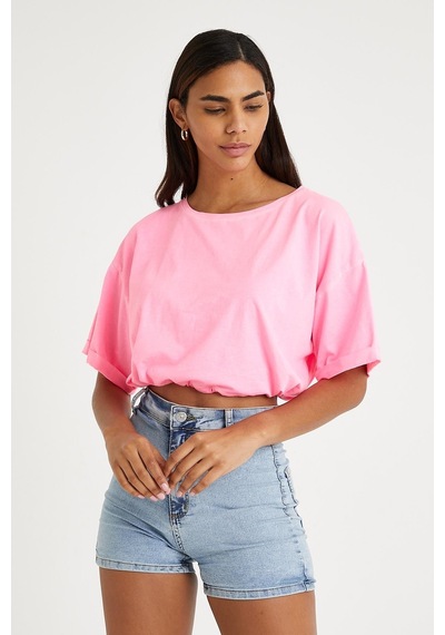 Kadın Neon Yağ Yıkamalı T-shirt Pembe Yeşil