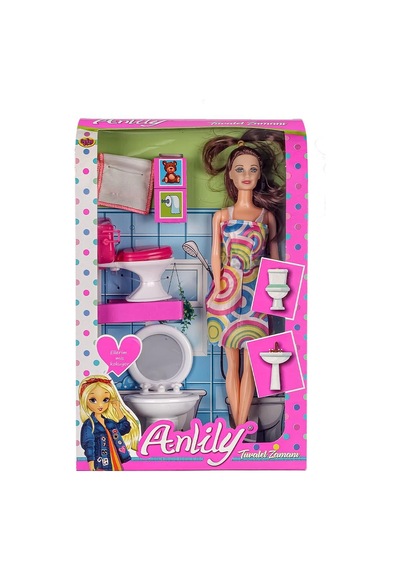 Anlily Tuvalet Zamanı Aksesuarlı Oyuncak Bebek Ve Banyo Seti Klozet, Lavabo 30 Cm