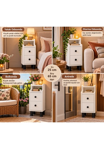 Çok Amaçlı Modern Yan Sehpa Organizer Yatak Odası Komodin 25cm Ahşap Görünümlü Ev Tamamlayıcı Beyaz - Siyah