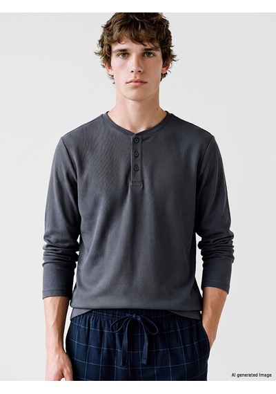 LC Waikiki Lc Waıkıkı Gri Henley Yaka Uzun Kollu Erkek Pijama Üst