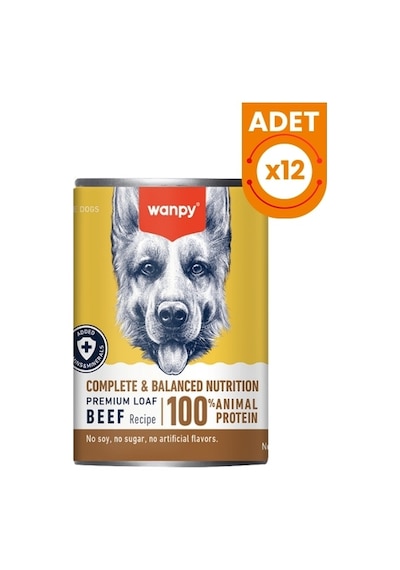 Wanpy Biftekli Tahılsız Yetişkin Konserve Köpek Maması 375 Gr 12 Adet