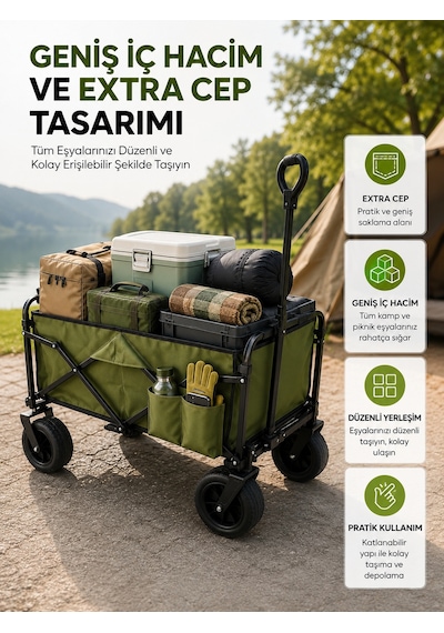 Geniş İç Hacimli Fren Sistemli Katlanabilir Kamp Ve Piknik Arabas