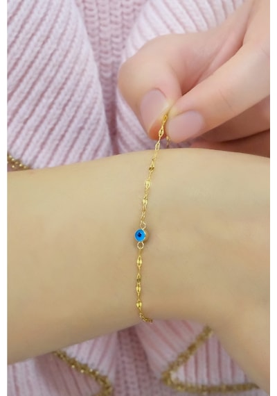Nazar Boncuklu Yaprak Bileklik 14k Sarı