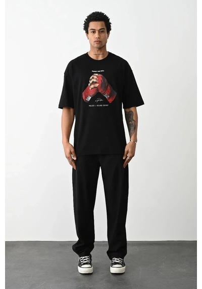 Erkek Boxy Eldiven Baskılı T-shirt Kısa Kol Bisiklet Yaka Tişört - Siyah