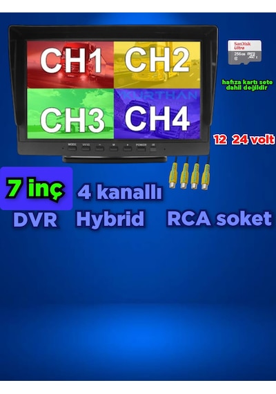 7 İnç Hybrid Dvr Monitör 4 Kanal 256 Gb 12-24 Volt