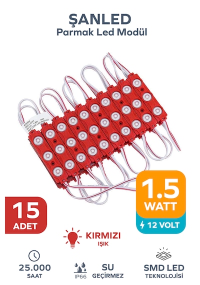 3 Ledli Parmak Led Modül 1.5w 2835 Smd Mercekli Kırmızı Renk 12v 15 Adet