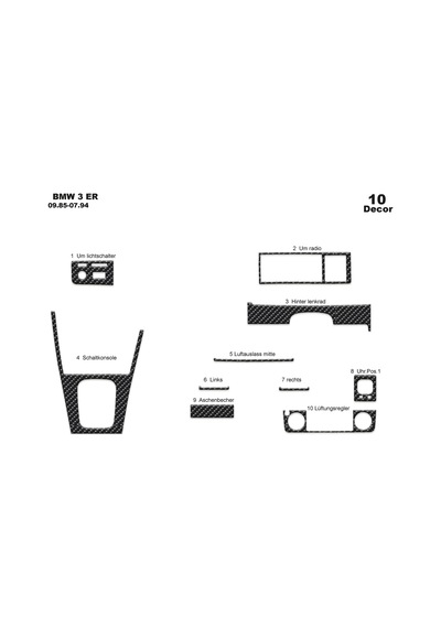 Bmw 3 E30 Uyumlu Torpido Kaplama 1985-1995 10 Parça Siyah Karbon