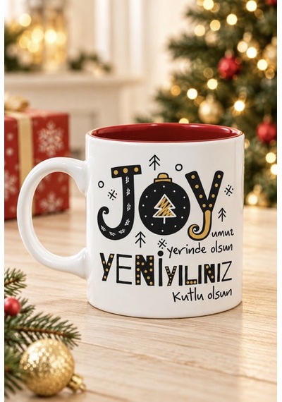 Mesela Yılbaşı Kupası Joyumuz Yerinde Olsun Desenli Kırmızı İçli Hediyelik Kahve Kupa Bardak Beyaz