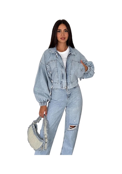 Kadın Açık Mavi Kısa Denim Ceket Elastik Manşetli Crop Model Mavi