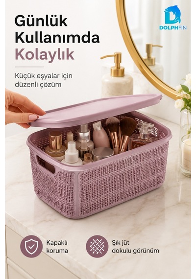 Jute Kapaklı Saklama Kutusu 5 L Plastik Mutfak Kiler Dolap İçi Organizer Mor