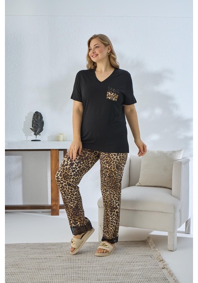 Sevim Kadın Büyük Beden Kısa Kol Siyah Pijama Takım C6t5n841 001