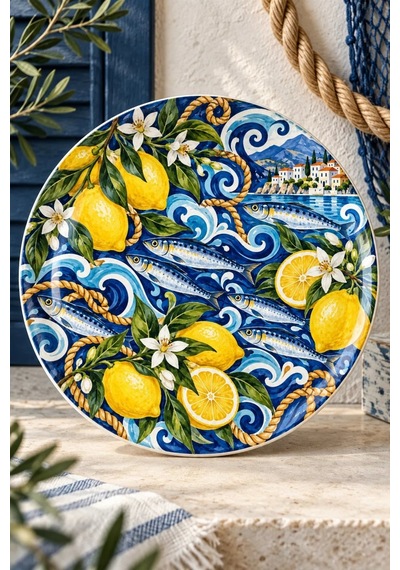 Dekoratif Duvar Tabağı Limonlu Akdeniz Desenleri Dekorlu Seramik Tabak Gri