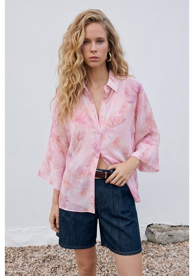 Sateen Yarasa Kol Desenli İnce Gömlek - Pembe-137689