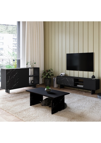 İnarch Dizayn Ravello Oturma Odası Set Modern Konsol, Tv Sehpası Ve Orta Sehpa Üçlü Takım Mermer- Siyah İnarch Dizayn Ravello Oturma Odası Set Modern Konsol, Tv Sehpası Ve Orta Sehpa Üçlü Takım Mermer- Siyah
