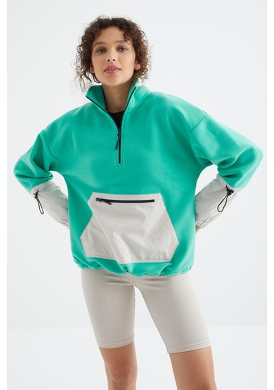 Tommy Life Deniz Yeşili Etek Ucu Büzgülü Yarım Fermuarlı Oversize Kadın Polar Sweatshirt - 97238 Yeşil