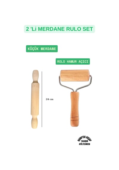 Merdane Set 2'li Rolo Hamur Açıcı Küçük Kurabiye Merdanesi 24 Cm Ahşap