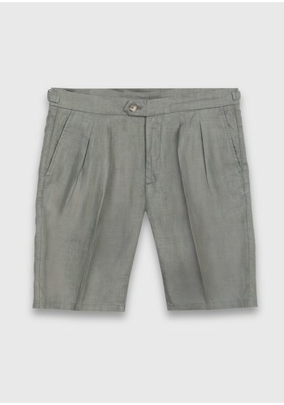 Ramsey Haki Düz Dokuma Carrot Fit Casual %100 Keten Bermuda
